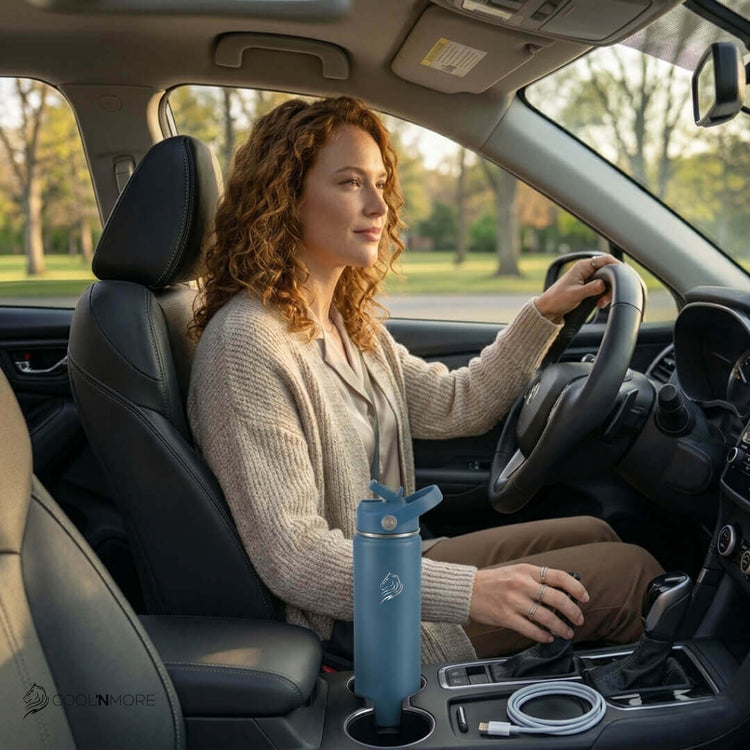 Coolnmore Denim παγούρι θερμός νερού 750ml με καλαμάκι. Woman sitting in a car with a blue water bottle in the cup holder