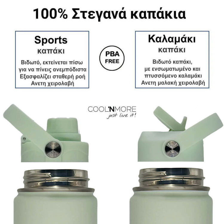 Coolnmore θερμος νερου 1 λιτρου με καλαμακι. Two water bottles with different types of caps on a white background, featuring text in Greek.