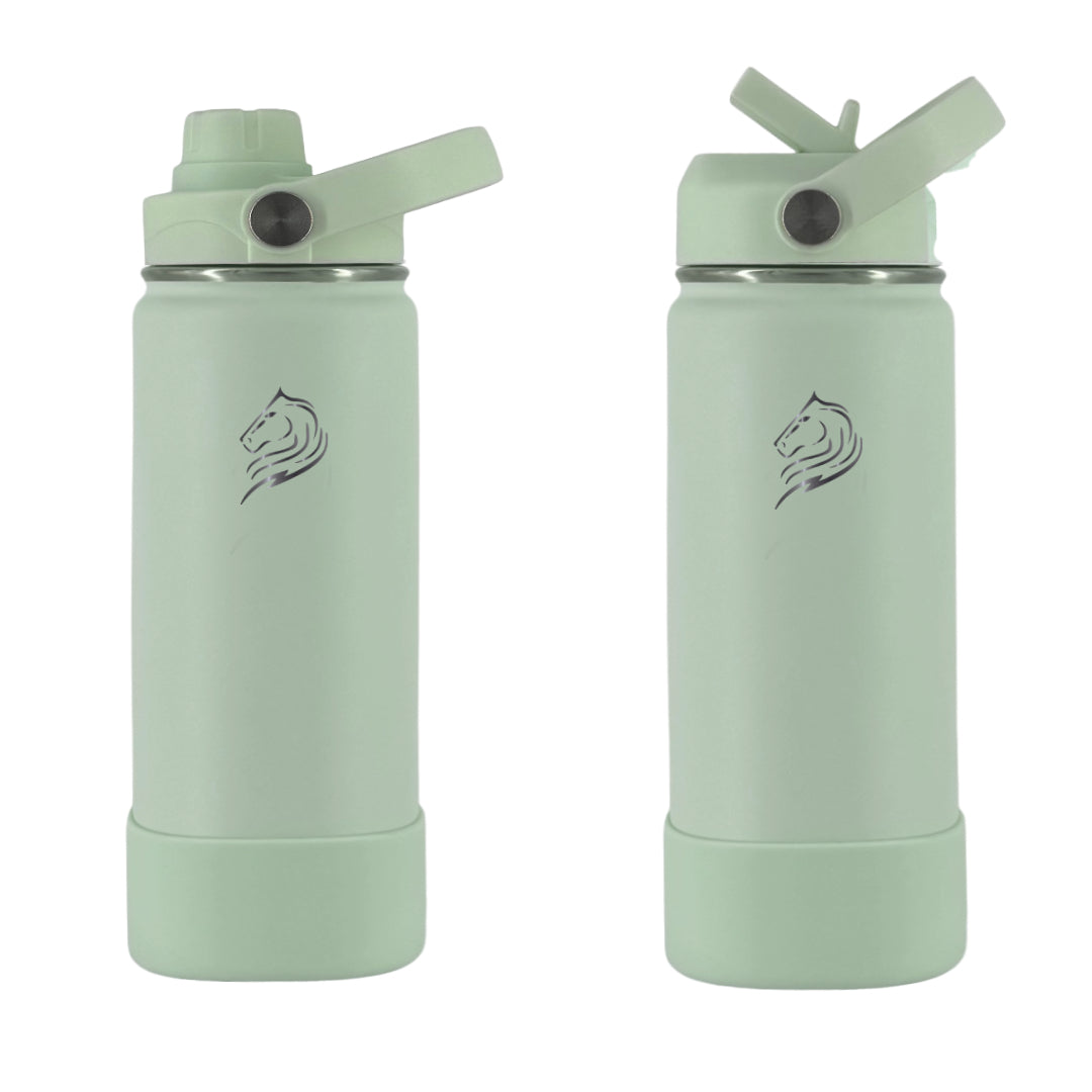 Coolnmore Mint παιδικο παγουρι θερμος νερου και θερμος καφε. Two light green water bottles with straw lids on a white background