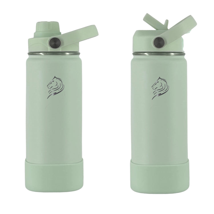 Coolnmore Mint παιδικο παγουρι θερμος νερου και θερμος καφε. Two light green water bottles with straw lids on a white background