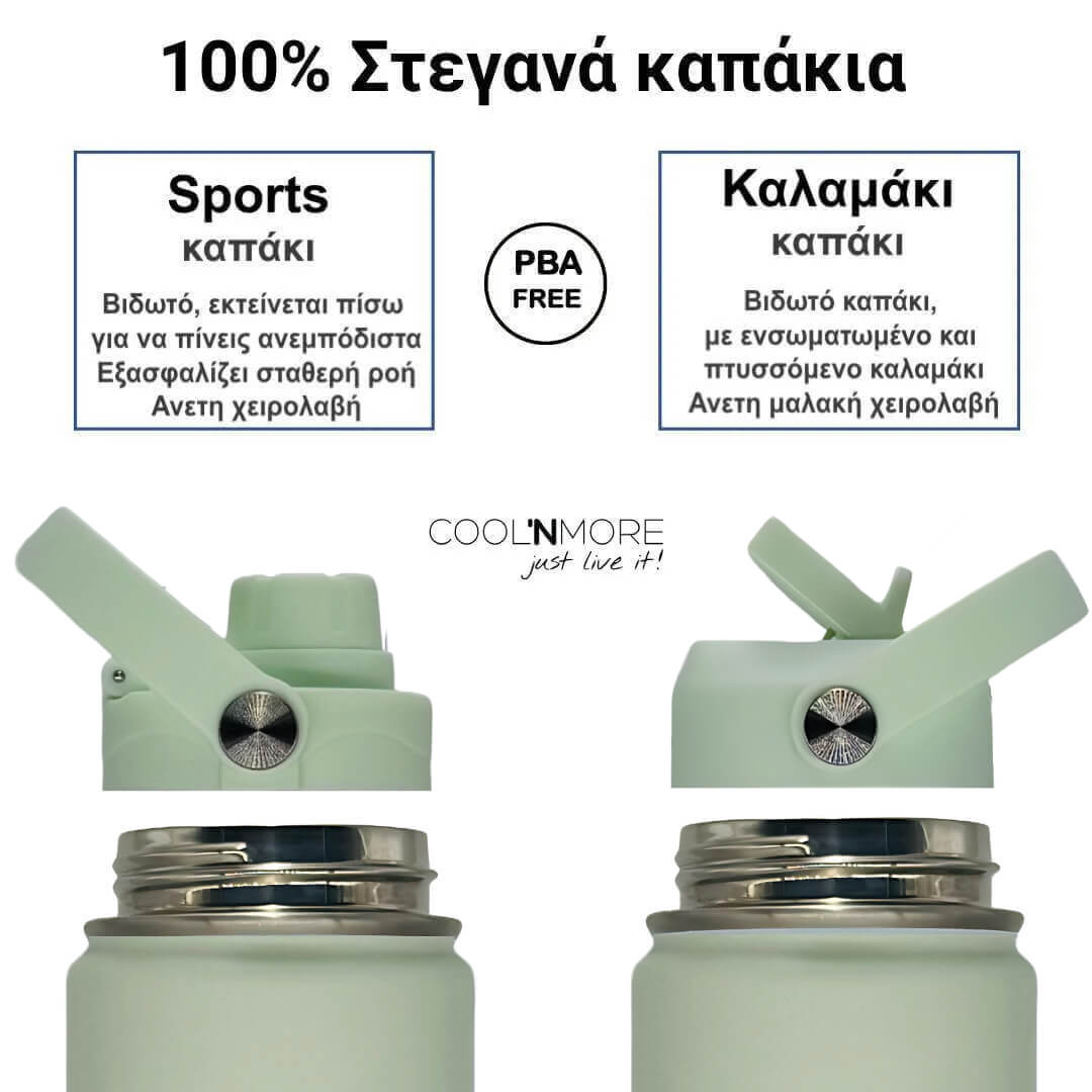 Coolnmore Mint παιδικο παγουρι θερμος νερου και θερμος καφε. Two green water bottles with different types of caps on a white background, featuring text about the caps' features.