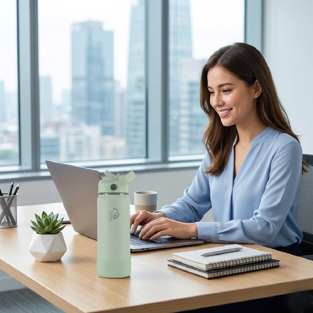 Coolnmore Mint παιδικο παγουρι θερμος νερου και θερμος καφε. Woman working on a laptop at a desk with a cityscape view and her water bottle