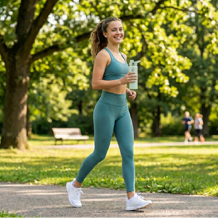Coolnmore Mint παιδικο παγουρι θερμος νερου και θερμος καφε. Woman in athletic wear walking in a park holding a water bottle