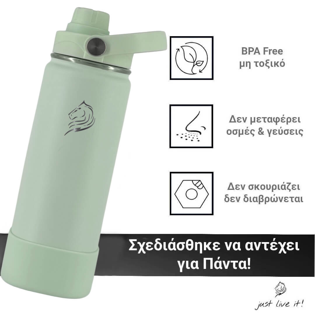 Coolnmore παγουρι θερμος νερου mint-500ml. Green water bottle with features listed on a white background