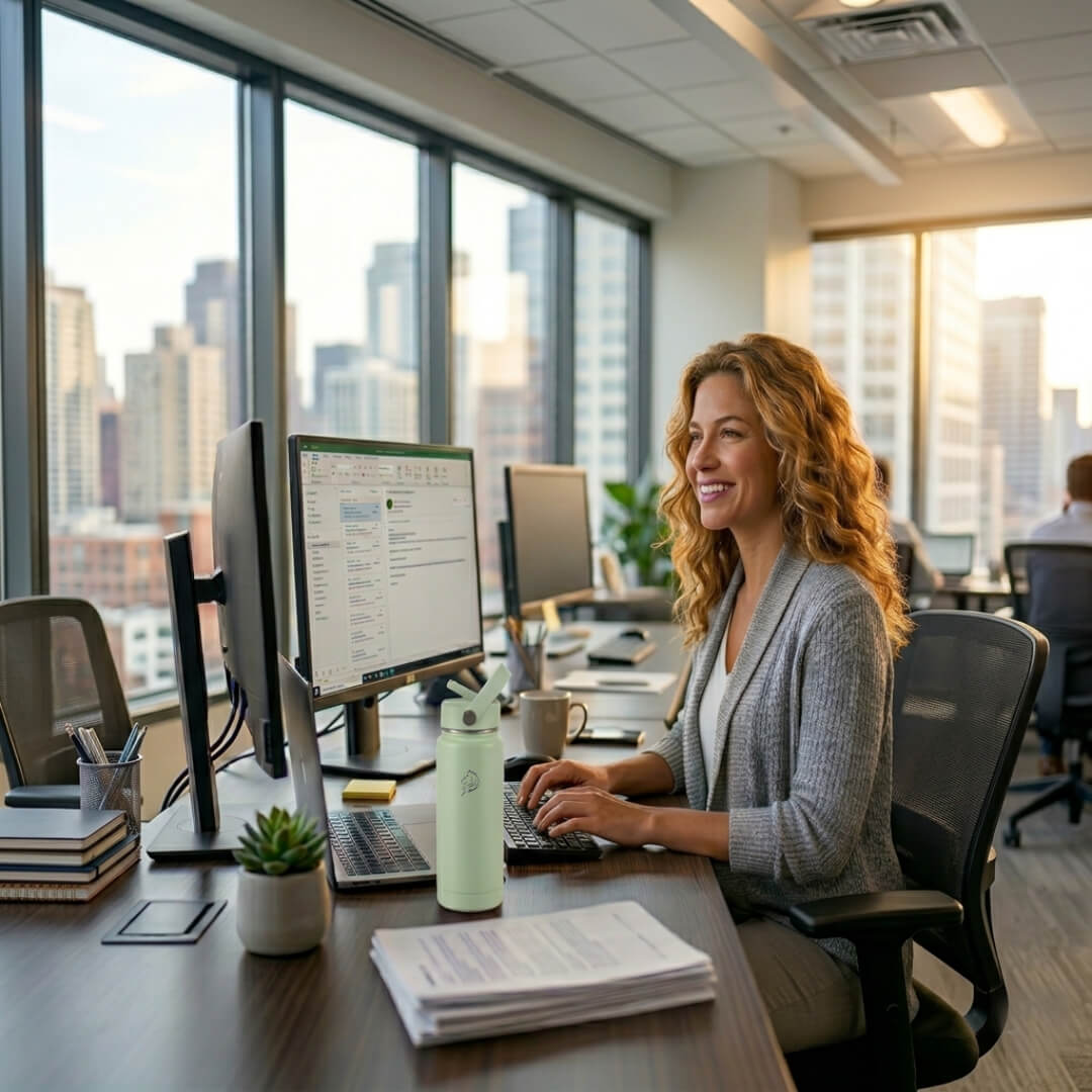 Coolnmore παγουρι θερμος νερου mint-500ml. Woman working at a desk in an office with cityscape view and her water bottle
