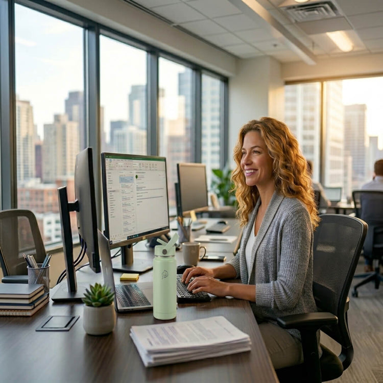 Coolnmore παγουρι θερμος νερου mint-500ml. Woman working at a desk in an office with cityscape view and her water bottle