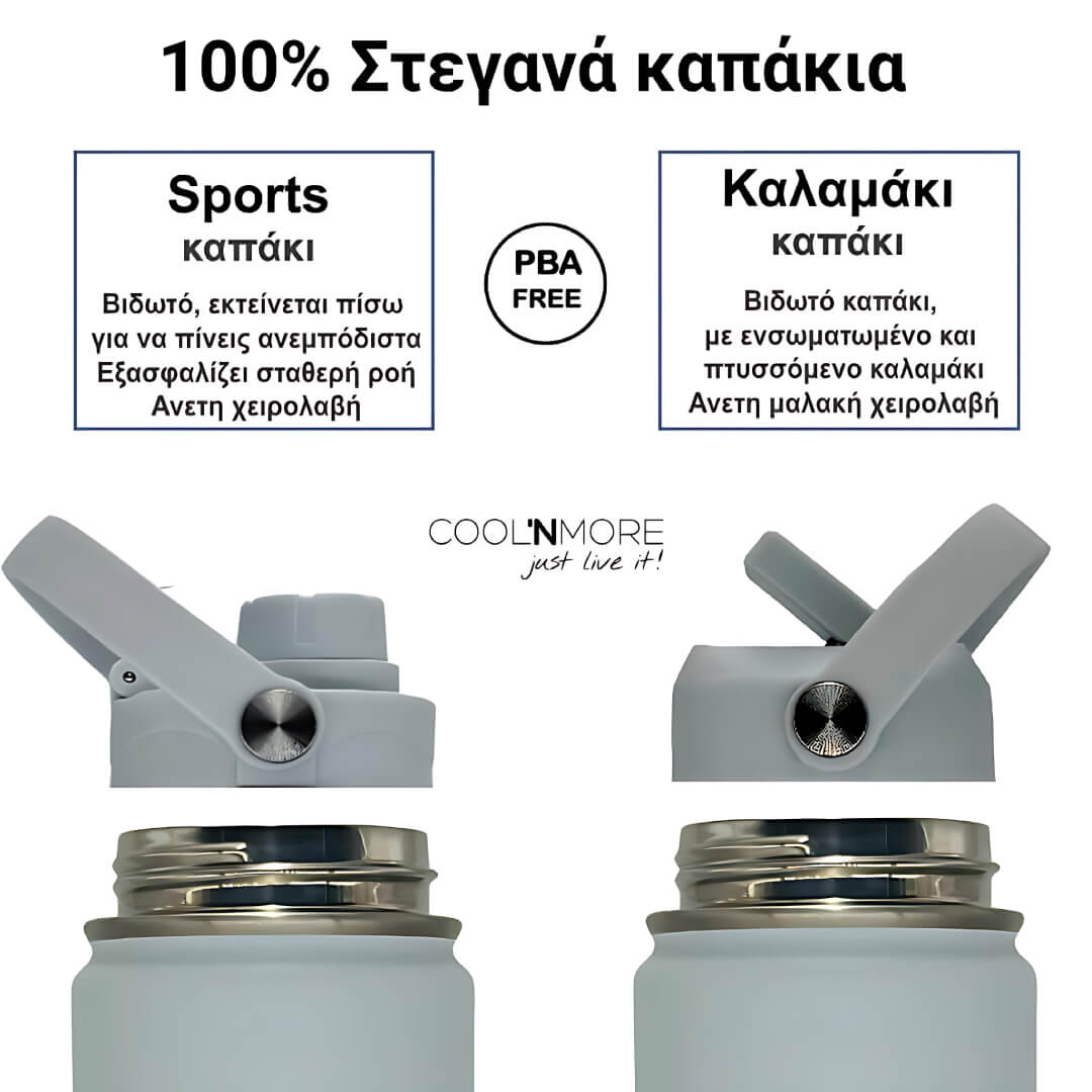 coolnmore θερμος νερου surf 750ml παγουρι θερμος bpa free water bottle caps with text describing features and brand 'COOLNMORE'.