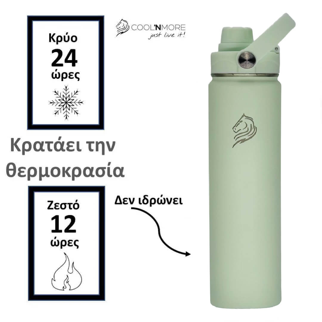 coolnmore θερμος νερου mint 750ml insulated bottle with brand logo, temperature display text, and Coolnmore branding.
