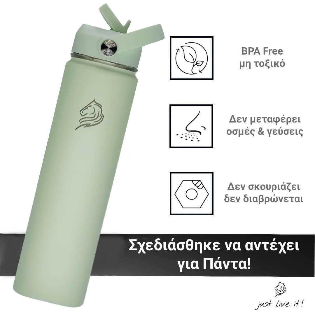 coolnmore θερμος νερου mint 750ml, Green water bottle with a logo on a white background, featuring BPA-free and other product benefits.