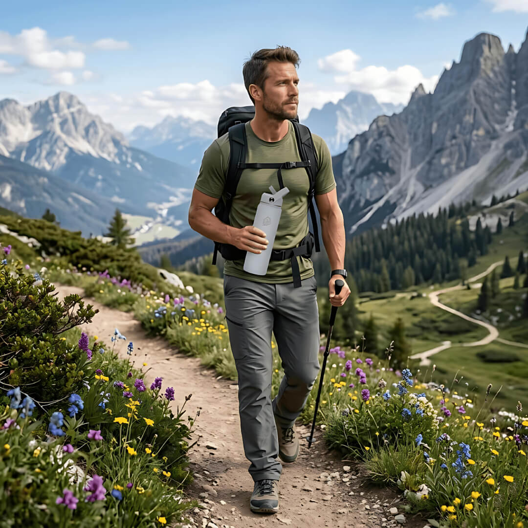 coolnmore θερμος νερου surf 750ml παγουρι θερμος, αντρας σε πεζοπορια κραταει το θερμος του. Man hiking in a mountainous area with backpack and water bottle