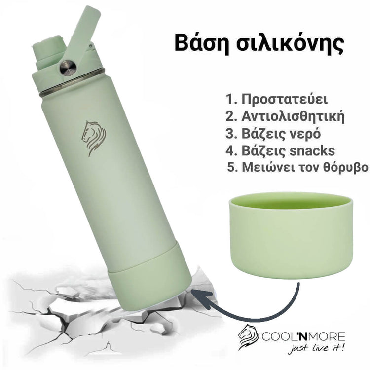 coolnmore θερμος νερου mint 750ml,  water bottle with silicone base on a white background, featuring Coolnmore branding.