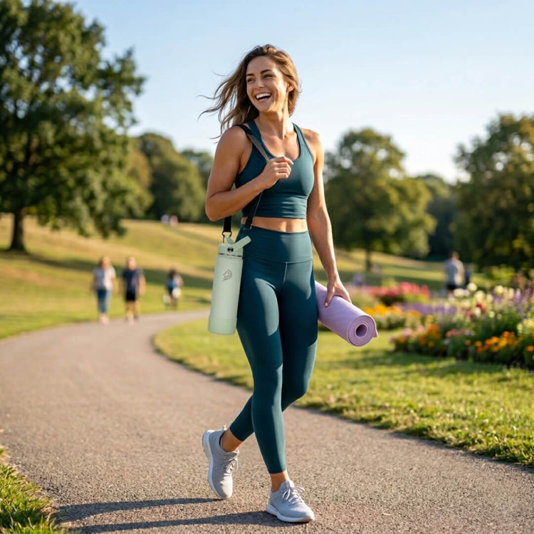 coolnmore θερμος νερου mint 750ml, Woman in athletic wear walking with a water bottle and yoga mat in a park