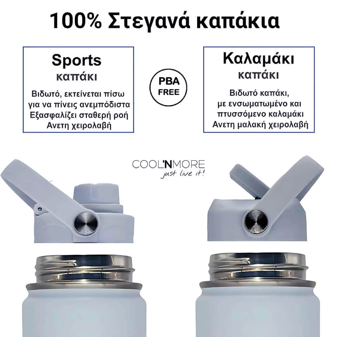 Coolnmore Surf παιδικο παγουρι θερμος. Two water bottle caps with text in Greek describing their features, on a white background.