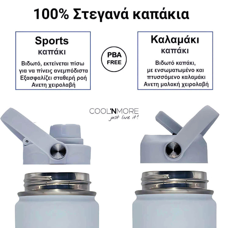 Coolnmore Surf παιδικο παγουρι θερμος. Two water bottle caps with text in Greek describing their features, on a white background.