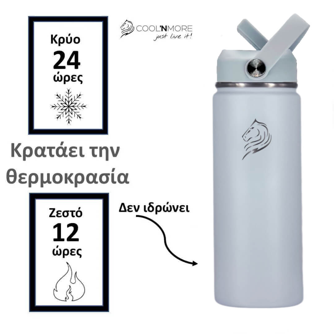 Coolnmore Surf παιδικο παγουρι θερμος. Light blue insulated bottle with straw lid on a white background, featuring Coolnmore branding.