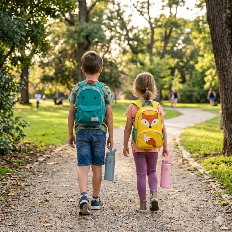 Coolnmore Surf παιδικο παγουρι θερμος. Two children with backpacks walking on a path in a park