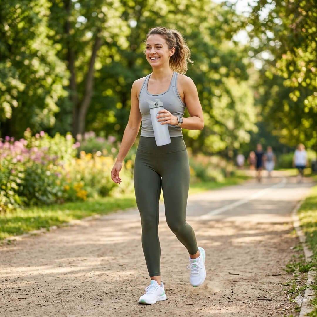 Coolnmore Surf παιδικο παγουρι θερμος. Woman in athletic wear walking outdoors with a water bottle.