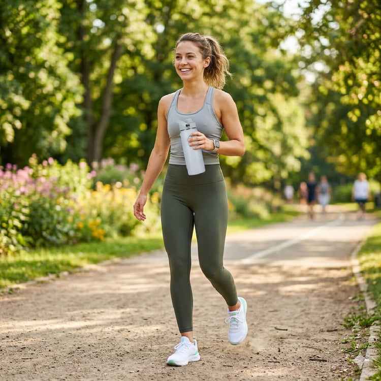 Coolnmore Surf παιδικο παγουρι θερμος. Woman in athletic wear walking outdoors with a water bottle.