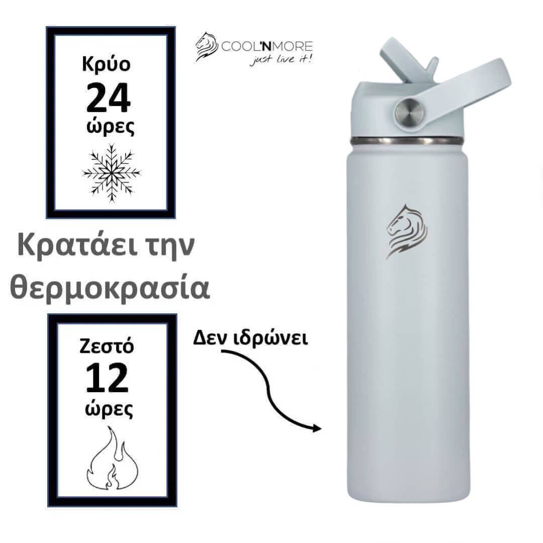 Coolnmore Surf παγουρι θερμος νερου με καλαμακι.  White insulated bottle with a brand logo on a white background, featuring text about temperature retention.