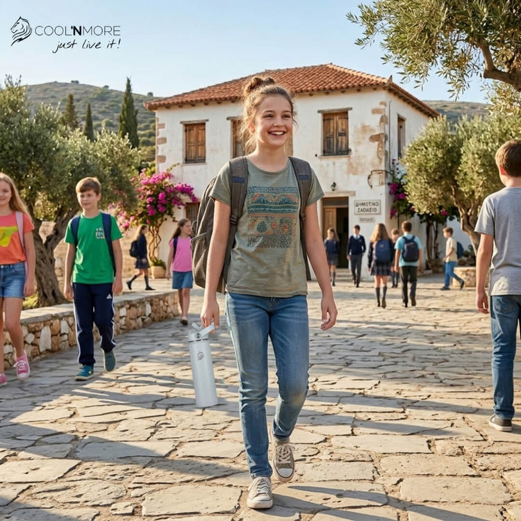Coolnmore Surf παγουρι θερμος νερου με καλαμακι.  Young girl walking on a stone path in a village with 'Coolnmore' branding.