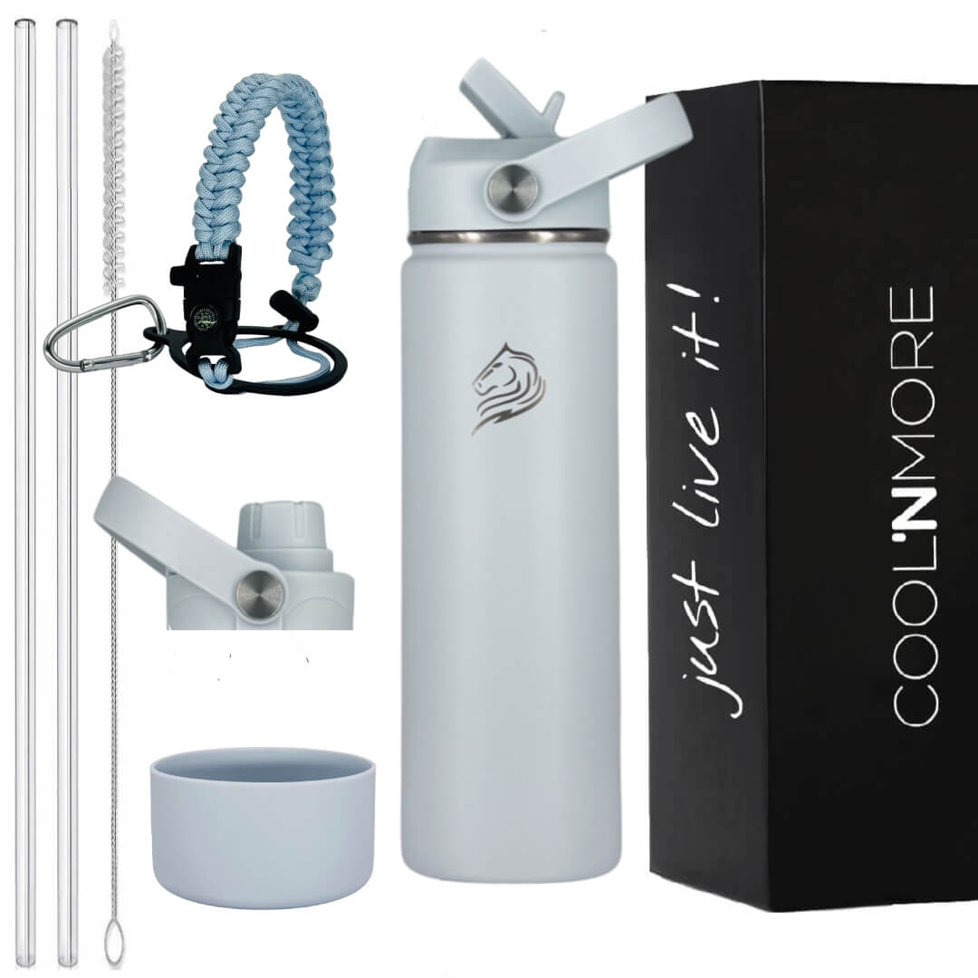Coolnmore Surf παγουρι θερμος νερου με καλαμακι.  bluish water bottle with accessories and 'COOL'N'MORE' packaging on a white background