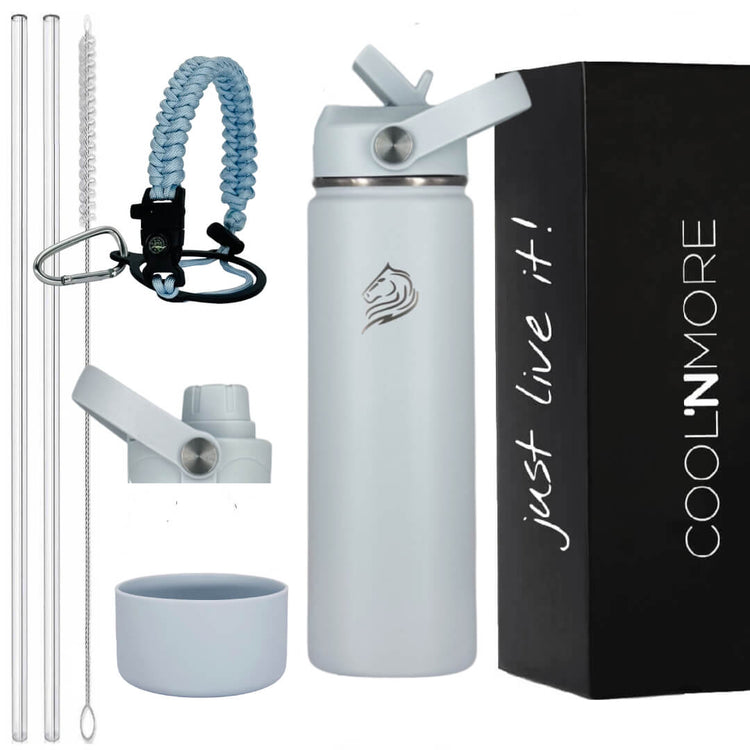Coolnmore Surf παγουρι θερμος νερου με καλαμακι.  bluish water bottle with accessories and 'COOL'N'MORE' packaging on a white background