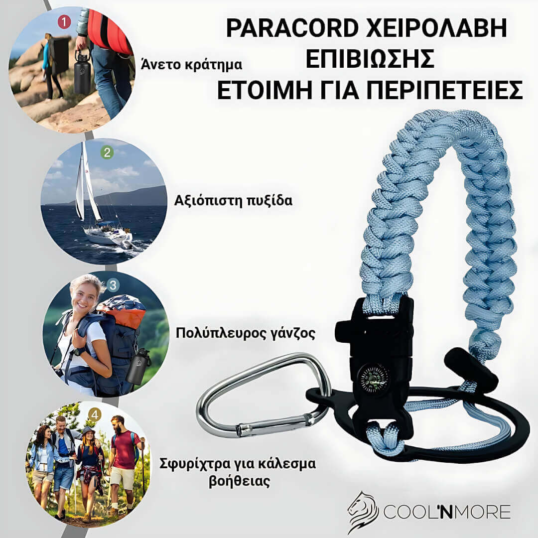 Coolnmore Surf παγουρι θερμος νερου με καλαμακι.  Paracord lanyard with carabiner on a white background with promotional text.