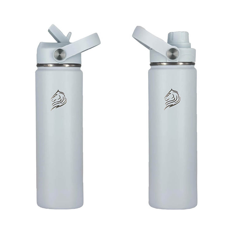 Coolnmore Surf παγουρι θερμος νερου με καλαμακι.  Two white water bottles  with 2 different lids with coolnmore logo on a white background