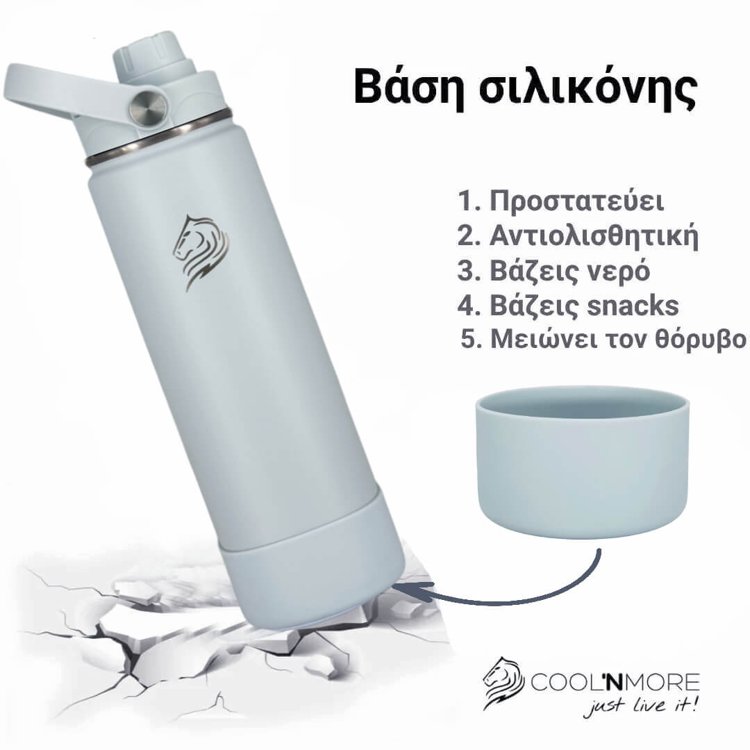 Coolnmore Surf παγουρι θερμος νερου με καλαμακι.  Light blue water bottle with a silicone base on a white background, featuring the Coolnmore brand.