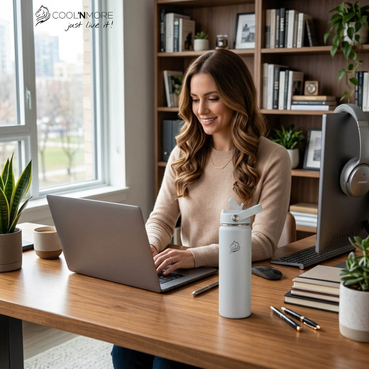 Coolnmore Surf παγουρι θερμος νερου με καλαμακι.  Woman working on a laptop at a desk with a water bottle and office supplies.