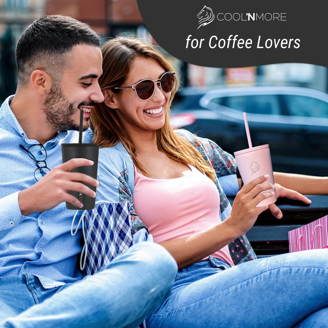 coolnmore ποτηρι θερμος για ζεστο ή κρύο καφέ ανοξείδωτο 350ml με 2 καπακια, 2 καλαμακια και βουρτσακι