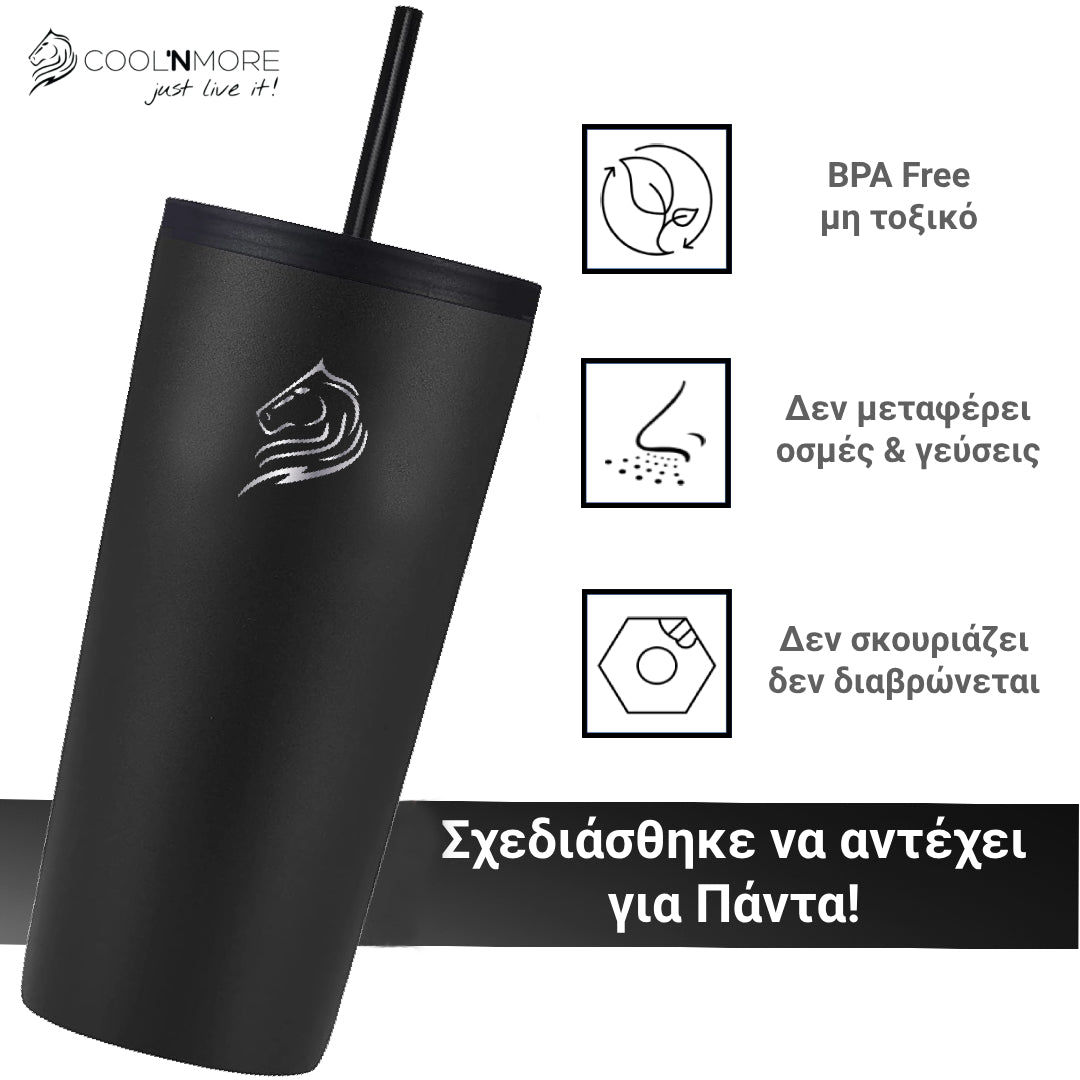 Θερμός καφέ ποτήρι  Coolnmore 500ml Black από ανοξείδωτο ατσάλι με καλαμάκι. Διαθέτει 2 καπάκια: ένα καπάκι καλαμάκι για κρύα ροφήματα και ένα Flip-top καπάκι για ζεστά και κρύα ροφήματα. Ιδανικό θερμός για ζεστό, ποτήρι καφέ BPA FREE, τσαγιού ή άλλων ροφημάτων