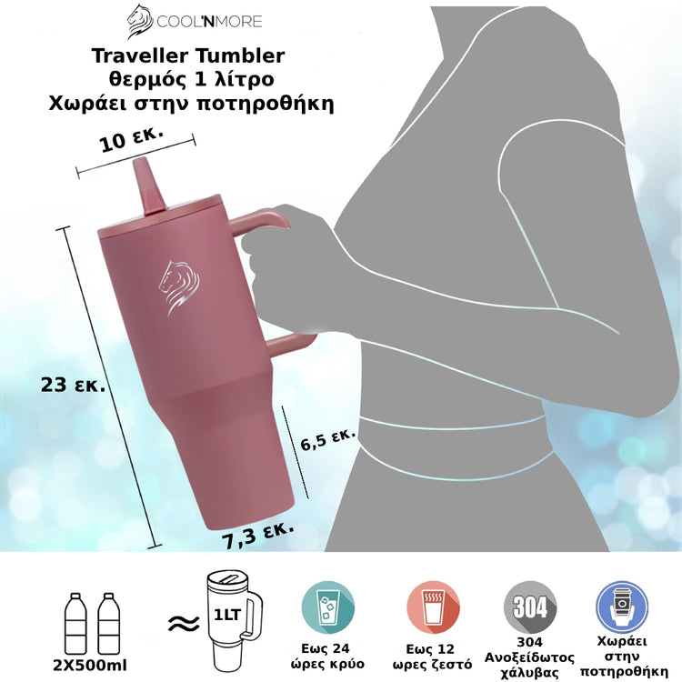Coolnmore θερμος ποτηρι με χερουλι και στεγανο καπακι, αναδιπλουμενο καλαμακι, 100% leak proof, διαστασεις, χρωμα Smoke Pink