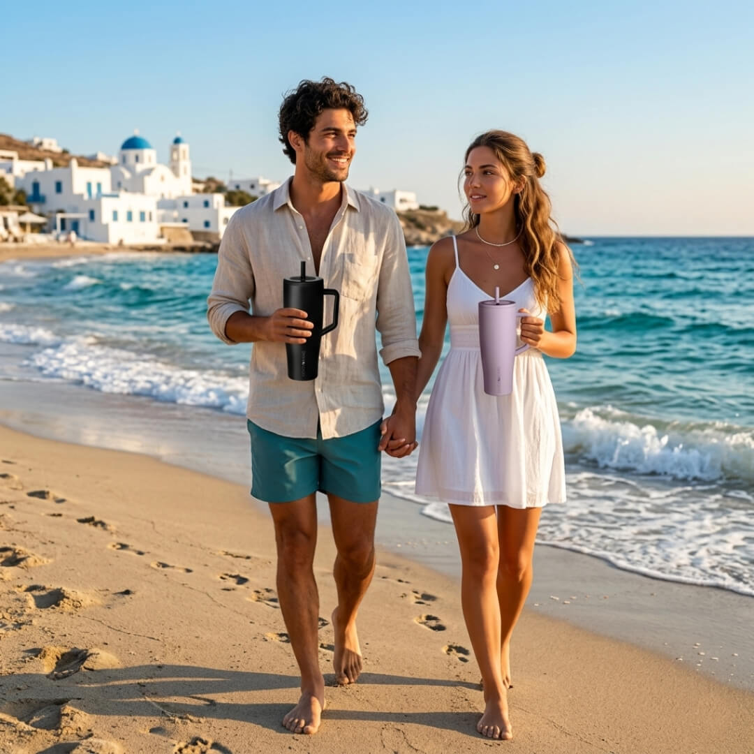 Man and woman holding Coolnmore tumbler 1200ml on a beach with ocean and buildings in the background