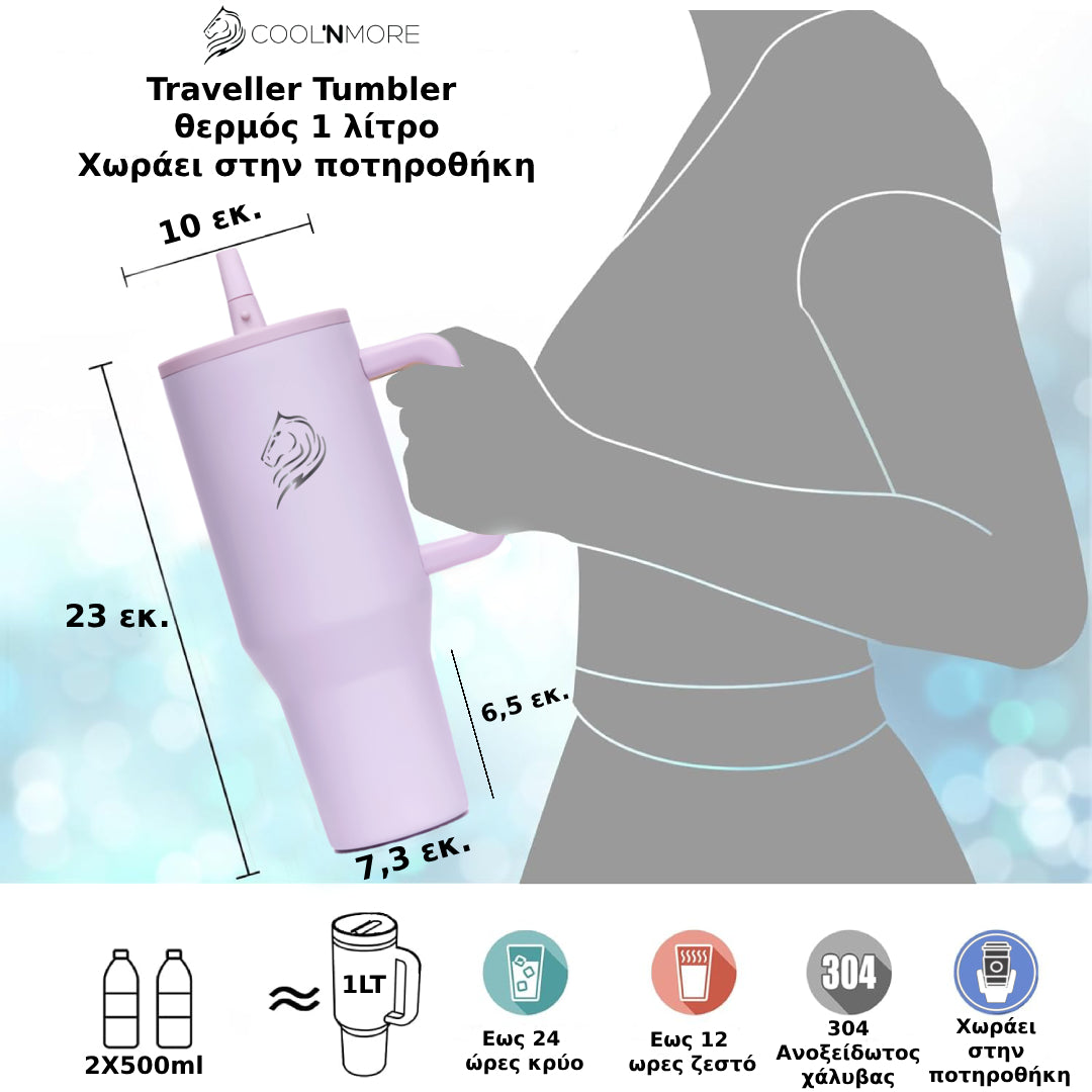 coolnmore traveller tumbler θερμος 1 λιτρου ποτηρι με λαβη διαστασεις χρωμα iris purple