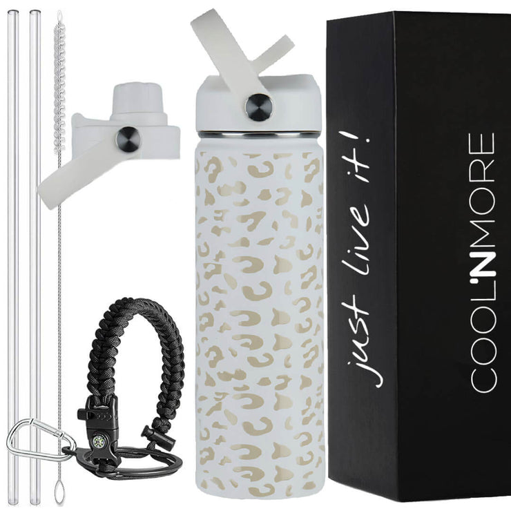 Coolnmore White Leopard παγούρι θερμός 500ml με καλαμάκι και 7 αξεσουάρ
