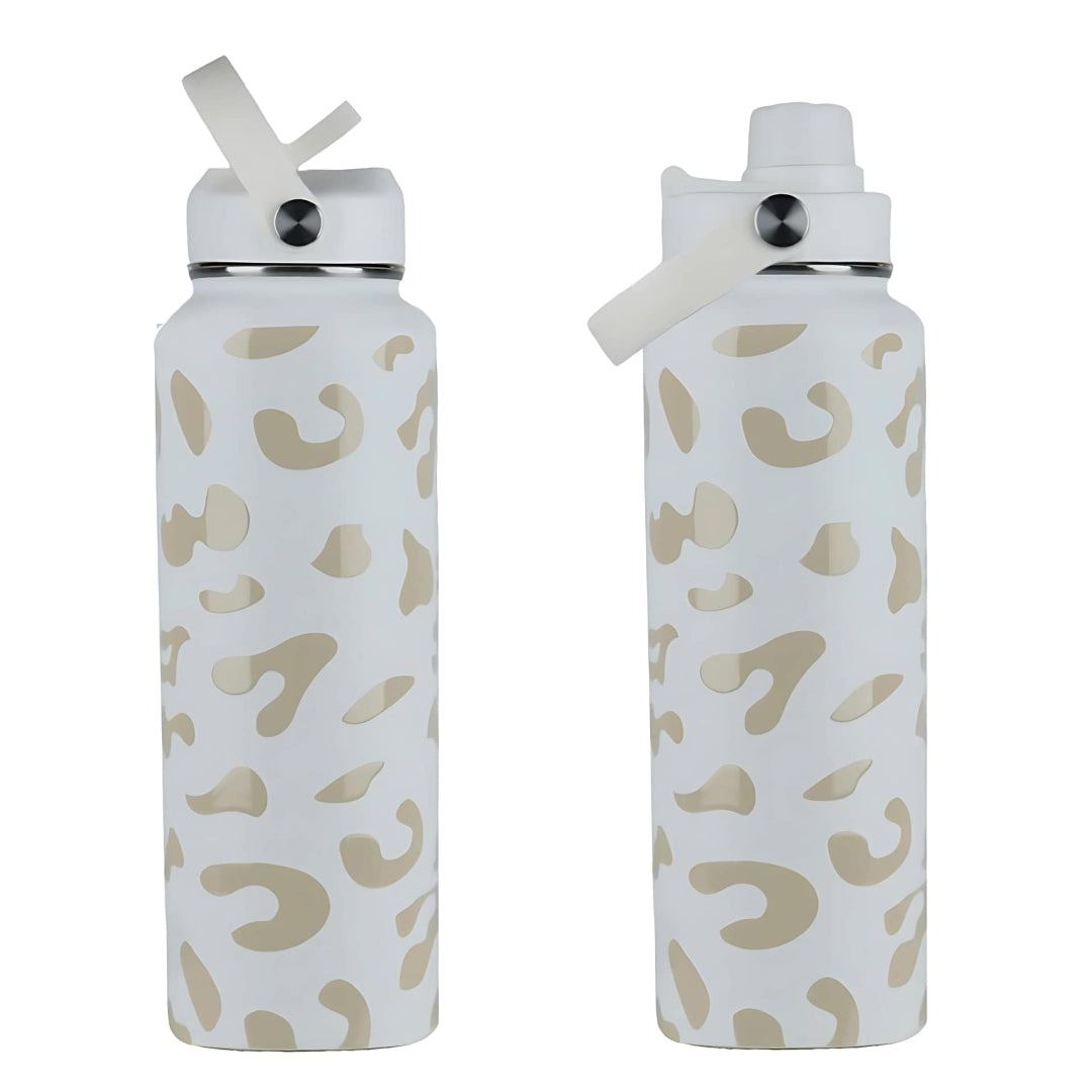 coolnmore white leopard θερμός 1 λίτρο με καλαμάκι και sports καπάκι με στόμιο