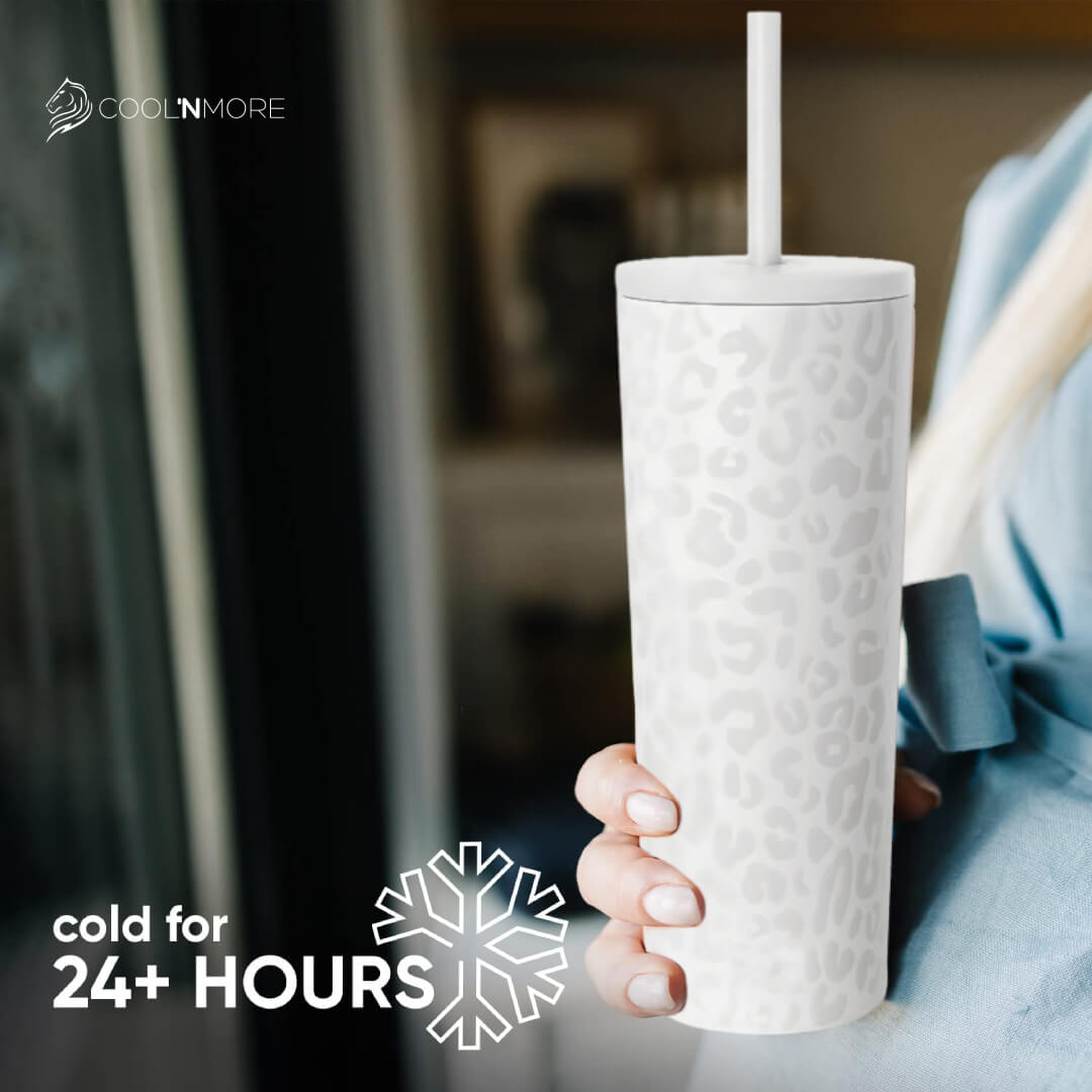 coolnmore white leopard classic tumbler θερμος ποτηρι 750ml ιδανικο για ζεστο καφε ή κρυο και τσάι , θερμος νερου