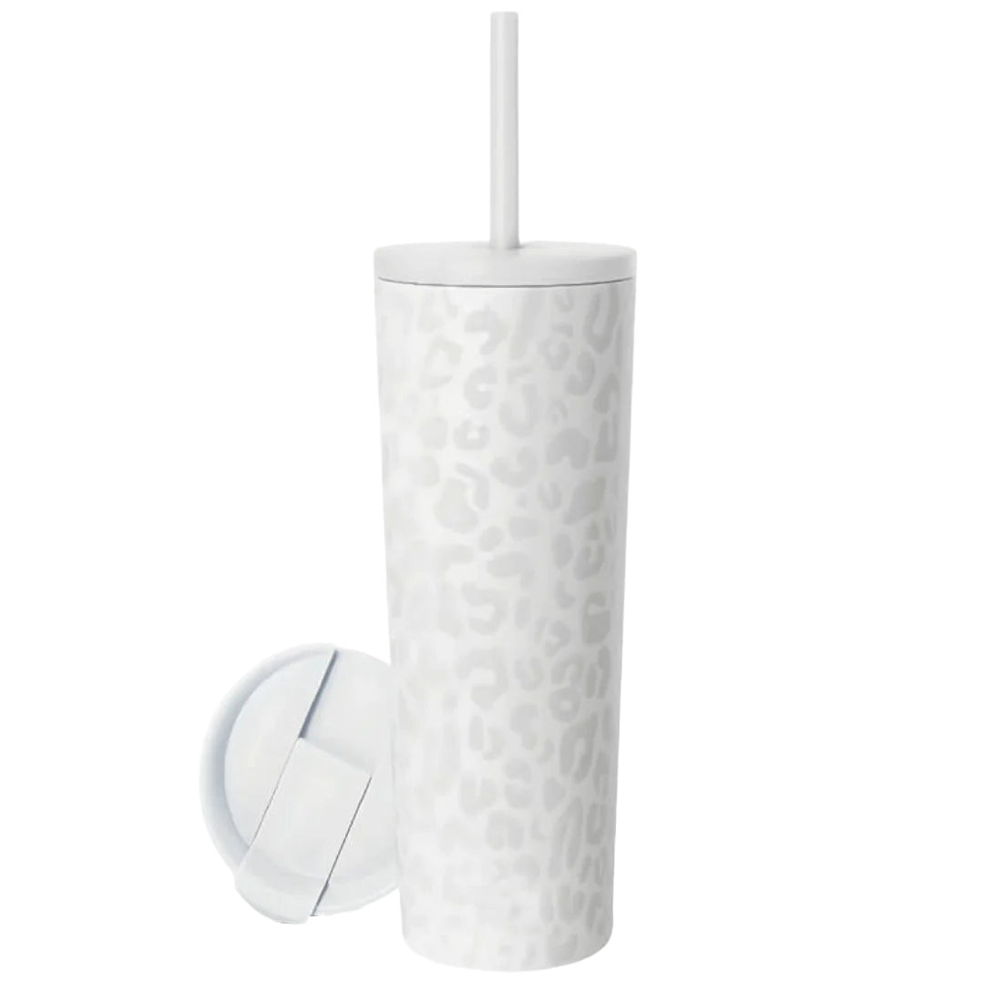 Θερμός καφέ ποτήρι Coolnmore white leopard 750ml από ανοξείδωτο ατσάλι με καλαμάκι. 2 καπάκια: ένα καπάκι καλαμάκι για κρύα ροφήματα και ένα Flip-top καπάκι για ζεστά ροφήματα