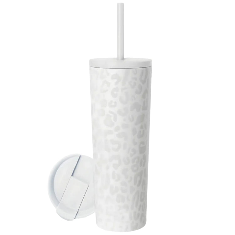 Θερμός καφέ ποτήρι Coolnmore white leopard 750ml από ανοξείδωτο ατσάλι με καλαμάκι. 2 καπάκια: ένα καπάκι καλαμάκι για κρύα ροφήματα και ένα Flip-top καπάκι για ζεστά ροφήματα