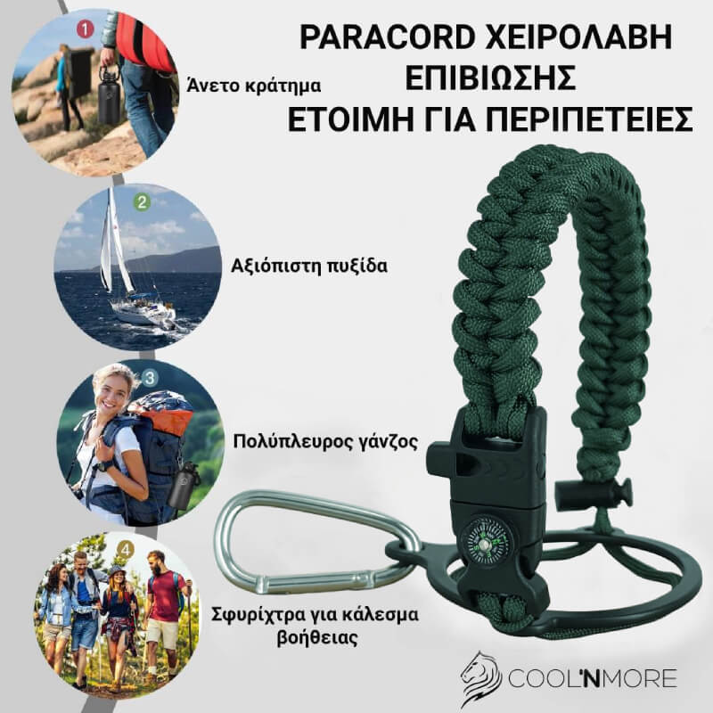 Paracord keychain with carabiner on a white background with promotional text για το coolnmore moss green μπουκαλι θερμος 1.5 λιτρο.