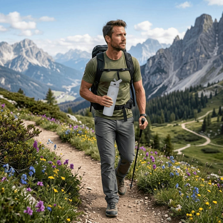 coolnmore θερμος νερου surf 750ml παγουρι θερμος, αντρας σε πεζοπορια κραταει το θερμος του