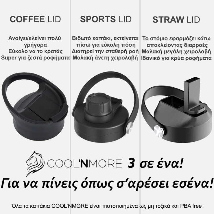 Ανοξείδωτο μπουκάλι θερμός Coolnmore 500ml, περιλαμβάνει 3 καπάκια και έχει εγγύηση εφ&